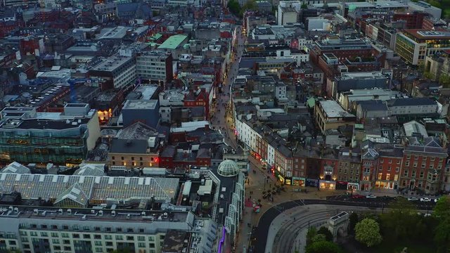 Aerial of Grafton pedestrian street and Fusilier&rsquo;s arch in Dublin at night