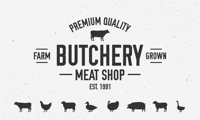 Butchery or meat shop vintage logo template. Set of 7 farm animals icons. BBQ poster with cow silhouette. Vector illustration