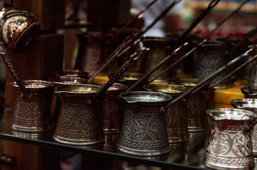 Turks for coffee in an oriental gift shop. Coffee ceremony.