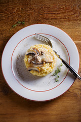 Couscous with mushrooms in cream sauce. Overhead, vertical