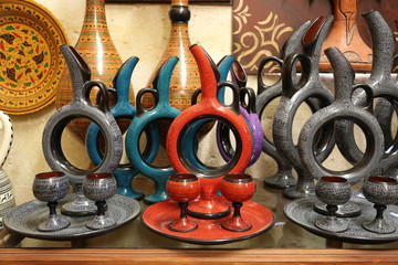  Turkish oriental colourful jug of wine round circle shape. Traditional turkish jar.