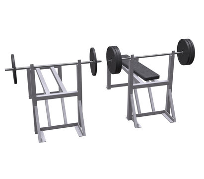 Barbell with weights. Gym equipment. Bodybuilding powerlifting fitness concept. 3d render illustration isolated on white background.
