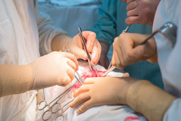 team of surgeons doing an operation. Sterile operating room. Kidney surgery