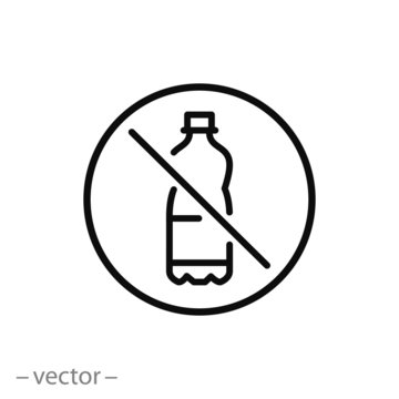 no plastic icon, forbidden bottle plastic, stop sign, thin line web symbol on white background - editable stroke vector illustration eps10