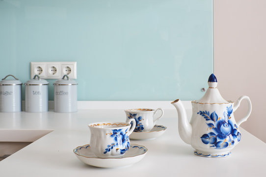 tea set in the white kitchen