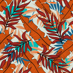 Original seamless tropical pattern with plants and leaves in bright colors on a pastel background. Colorful stylish floral. Trendy summer Hawaii print. Seamless exotic pattern with tropical plants.