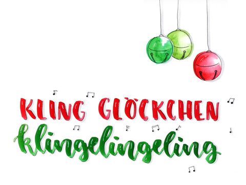 Watercolor Weihnachts-Elemente mit Lettering: Glocken, kling Gl&ouml;ckchen klingelingeling