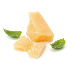shredded parmesan cheese and basil leaf isolated on white background cutout