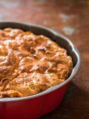 Closeup homemade apple pie with cinnamon. Useful dessert. Charlotte. Healthy food