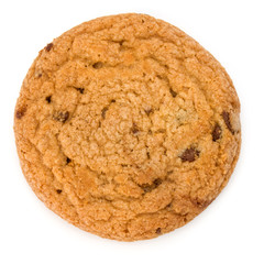 One Chocolate chip cookie isolated on white background. Sweet biscuit. Homemade pastry.