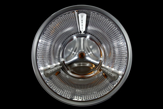 A clean steely washer drum lighten with led sticks. Image with fish eye lens