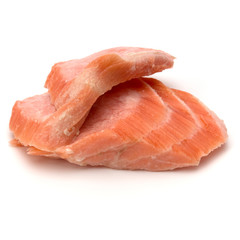 smoked salmon segments isolated on white background cutout. Prepared fish fillet fibres.