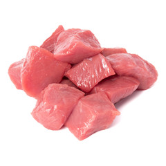 Raw chopped beef meat pieces isolated om white background cut out.