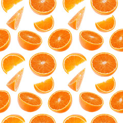 Orange fruit seamless pattern. Orange segments isolated on white background. Food background.