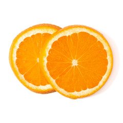 Orange fruit slice layout isolated on white background closeup. Food background. Flat lay, top view.