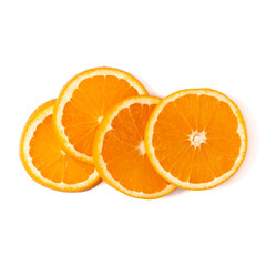 Orange fruit slice layout isolated on white background closeup. Food background. Flat lay, top view.