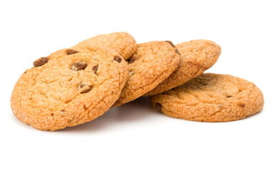 Chocolate chip cookies isolated on white background. Sweet biscuits. Homemade pastry.