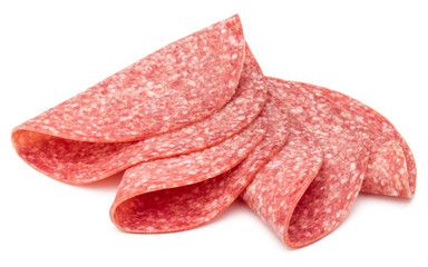 Salami smoked sausage slices isolated on white background
