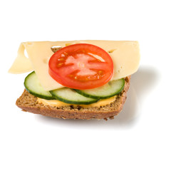 Open faced sandwich crostini isolated on white background closeup. Vegetarian canape with cheese. Appetizer tartarine.