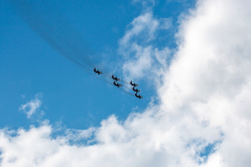 Naklejka na ściany i meble On September 14, 2019, in honor of the City Day, a grand air show of the legendary Swifts was held in Chelyabinsk at the Shagol military airdrome.