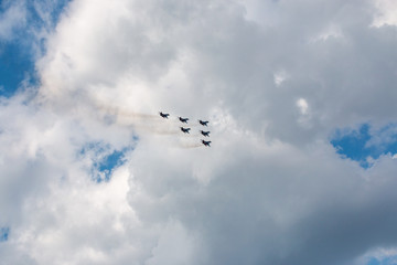 Fototapeta premium On September 14, 2019, in honor of the City Day, a grand air show of the legendary Swifts was held in Chelyabinsk at the Shagol military airdrome.