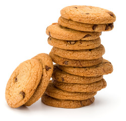 Stacked Chocolate chip cookies isolated on white background. Sweet biscuits. Homemade pastry.