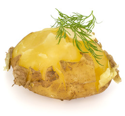 one boiled peeled potato with dill and butter isolated on white background cutout