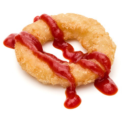 Crispy deep fried onion or Calamari ring with ketchup isolated on white background