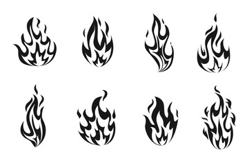 Set of monochrome fire flames. Collection of black and white hot flaming element. Group of isolated cartoon style templates for game design, web, advertise, animation. Vector illustration.