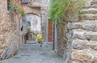 Fototapeta na wymiar Canale di Teno - The ailsle in the little rural mountain village near Lago di Teno lake.
