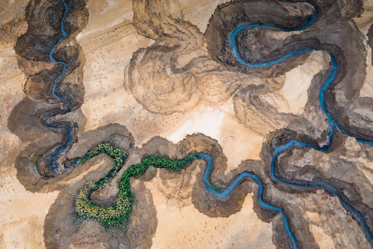 Aerial view of meandering river