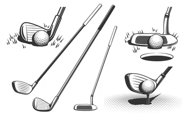 Foto auf Acrylglas Golf clubs and a ball. Retro monochrome vector illustration. © Agor2012