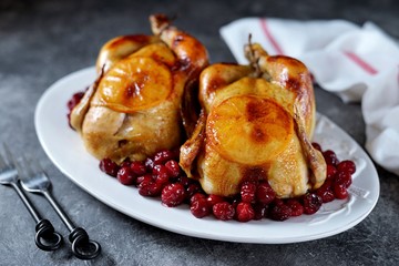 Two whole roasted chicken with cranberries and orange slices.