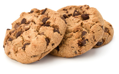 Three Chocolate chip cookies isolated on white background. Sweet biscuits. Homemade pastry.