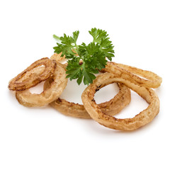 Delicious crispy fried onion rings isolated on white