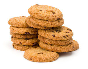 Stacked Chocolate chip cookies isolated on white background. Sweet biscuits. Homemade pastry.