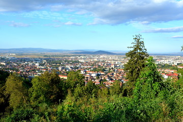 Fototapeta na wymiar Aerial view. Racadau cvartal in south of the city Brasov, Transylvania. Typical urban landscape. Brasov is the center of Romania
