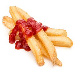 French Fried Potatoes with ketchup isolated on white background