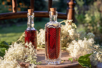 Herbal tincture with blooming meadowsweet plant