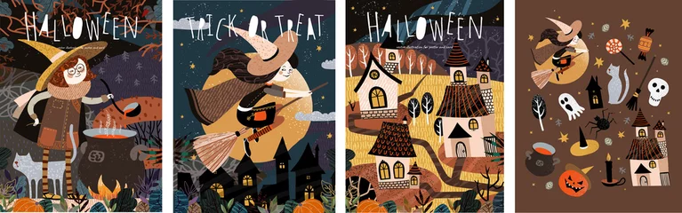 Tuinposter Fijne Halloween! Vector leuke illustratie van een heks die een drankje voorbereidt  heksen op een bezemsteel  enge huizen in een stad of dorp en een reeks objecten. Tekeningen voor kaart, poster of achtergrond. © Ardea-studio