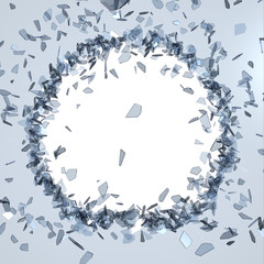 Broken blue glass from the blow, shot on a white isolated background