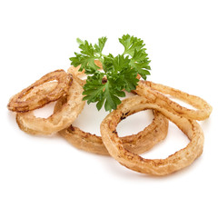 Delicious crispy fried onion rings isolated on white