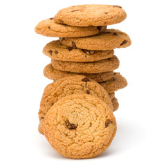 Stacked Chocolate chip cookies isolated on white background. Sweet biscuits. Homemade pastry.