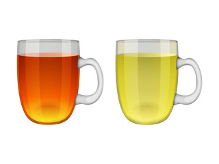 Collection of clear glass cups with black and green tea. Realistic style. Vector illustration. Isolated on white. Object for packaging, advertisements, menu.