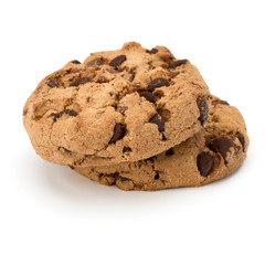 Two Chocolate chip cookies isolated on white background. Sweet biscuits. Homemade pastry.