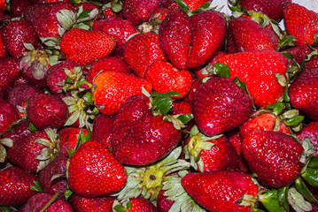 Fresh ripe strawberries full frame background. Fresh juice strawberry, healthy berry food photo.