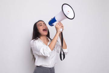 Beautiful young Asian woman announce with megaphone.