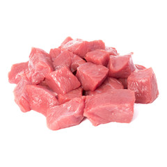 Raw chopped beef meat pieces isolated om white background cut out.