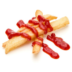 French Fried Potatoes with ketchup isolated on white background