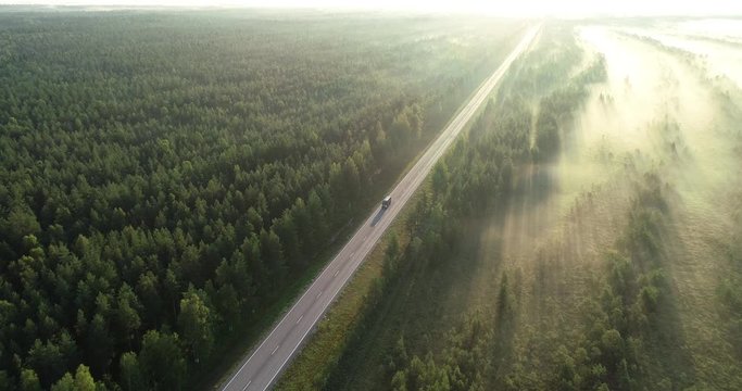 Foggy Forest Road. Car Riding Under Mist. Beautiful nature during sunrise. Highway, transportation, outdoor, road trip.